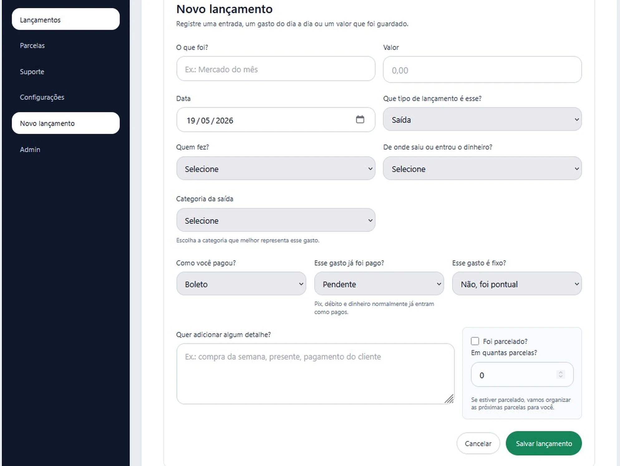 Formulário de novo lançamento financeiro